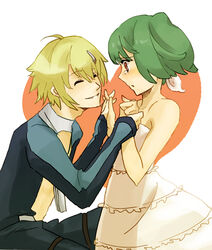  1boy bad_id bad_pixiv_id blonde_hair brera_sterne brother_and_sister closed_eyes couple dress female green_hair hair_ornament hairpin heart holding_hands interlocked_fingers macross macross_frontier ranka_lee red_eyes short_hair siblings smile straight tears twintails white_dress yoshi_92 