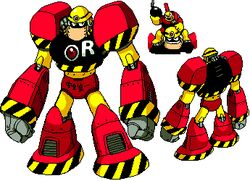  1boy android ariga_hitoshi arms_at_sides bomb clenched_hands explosive guts_man helmet lowres machinery male_focus mega_man_(classic) mega_man_(series) mega_man_1 mega_man_megamix multiple_views oekaki simple_background standing white_background yellow_headwear 