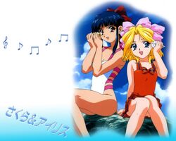  2girls black_hair blonde_hair blue_eyes bow brown_eyes casual_one-piece_swimsuit hair_ribbon imageboard_desourced iris_chateaubriand long_hair multiple_girls non-web_source one-piece_swimsuit pink_bow red_bow ribbon rock sakura_taisen seashell shell shell_to_ear shinguuji_sakura short_hair sitting swimsuit 