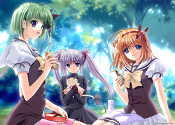  3girls bento blue_eyes fuyou_kaede green_hair multiple_girls national_verbena_academy_school_uniform nishimata_aoi official_art orange_hair picnic primula purple_eyes purple_hair school_uniform shigure_asa shuffle! suzuhira_hiro twintails 