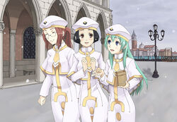  3girls alice_carroll aqua_hair aria_(manga) atora_monteverdi bad_id bad_pixiv_id bag beret black_hair blue_eyes building city closed_eyes dress glasses happy hat holding lamppost long_dress long_hair multiple_girls necktie oitsuki_(getsumen_diver) orange_planet_uniform outdoors pink_eyes ponytail red_hair short_hair smile snow uniform white_dress yumeno_anzu 