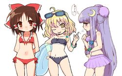  3girls arms_behind_back bad_id bad_pixiv_id bikini bikini_skirt blonde_hair bow brown_eyes brown_hair crescent crescent_hair_ornament double_bun hair_bun hair_ornament hakurei_reimu humiu innertube kirisame_marisa long_hair multiple_girls one_eye_closed patchouli_knowledge purple_eyes purple_hair short_hair sunglasses swim_ring swimsuit touhou very_long_hair yellow_eyes 