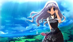  blonde_hair choker dress female h2o_footprints_in_the_sand hairband imageboard_desourced kagura_hinata landscape long_hair lowres non-web_source scenery solo 