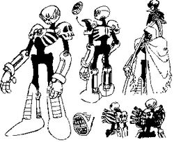  1boy android ariga_hitoshi bird bone cloak from_behind from_side greyscale helmet hood looking_at_viewer lowres male_focus mask mega_man_(classic) mega_man_(series) mega_man_4 mega_man_megamix monochrome multiple_views oekaki over_shoulder reference_sheet ribs scythe simple_background skull skull_man standing weapon weapon_over_shoulder 