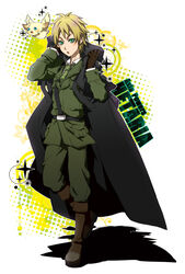  1boy axis_powers_hetalia bad_id bad_pixiv_id belt belt_buckle black_belt black_coat blonde_hair blue_eyes boots brown_footwear buckle circle coat coat_on_shoulders collared_shirt copyright_name flying full_body gloves green_eyes green_jacket green_necktie green_pants impact_(font) jacket lapels long_sleeves looking_at_viewer male_focus military_jacket military_uniform multicolored_background necktie open_mouth pants pants_tucked_in pocket sam_browne_belt sena_(mineruba) shadow shirt solo standing star_(symbol) uniform united_kingdom_(hetalia) white_shirt 