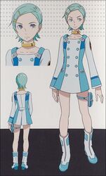  boots collar dress eureka_(eureka_seven) eureka_seven eureka_seven_(series) female green_hair hair_ornament hairclip official_art purple_eyes scan short_hair solo thigh_strap white_footwear yoshida_ken&#039;ichi 