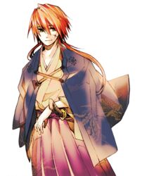  1boy bad_id bad_pixiv_id himura_kenshin japanese_clothes long_hair male_focus orange_hair red_hair rurouni_kenshin scar sheath sheathed solo sword todoroki_sora weapon yellow_eyes 