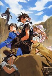  2girls 4boys black_hair bonnie_magee brown_hair cape cloud constance_magee day dortin dress glasses gloves hat headband highres keith_royal kusaka_yuuya long_hair majutsushi_orphen multiple_boys multiple_girls one_eye_closed orphen scan sky volkan 