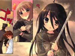  2boys 2girls black_hair broom brown_eyes brown_hair highres ito_noizi jpeg_artifacts long_hair misaki_high_school_uniform multiple_boys multiple_girls satou_keisaku school_uniform shakugan_no_shana shana short_hair tanaka_eita translated yoshida_kazumi 