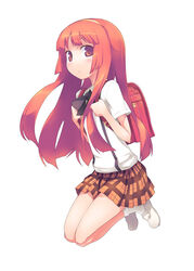  :&lt; backpack bag blunt_bangs blush bow bowtie female full_body hairband hime_cut holding_strap hyakko jumping legs_folded long_hair looking_at_viewer nanakusa nikaidou_hitsugi photoshop_(medium) plaid plaid_skirt pleated_skirt randoseru school_uniform serafuku short_sleeves simple_background skirt solo suspenders white_background white_footwear white_legwear 