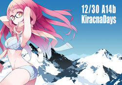  armpits arms_up ass bad_id bad_pixiv_id bikini breasts cleavage female glasses haruse_hiroki long_hair medium_breasts mountain mouth_hold original pink_scarf red_hair scarf solo swimsuit white_bikini yellow_eyes 