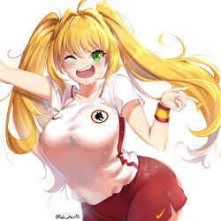  absurdres ahoge alternate_costume alternate_hairstyle as_roma blonde_hair braid breasts commentary_request cowboy_shot dirty fate/grand_order fate_(series) female frown green_eyes hair_intakes highres large_breasts long_hair looking_at_viewer lulu-chan92 messy_hair nero_claudius_(fate) nero_claudius_(fate/extra) one_eye_closed red_shorts screaming shirt short_sleeves shorts soccer_uniform solo sportswear sweatband twin_braids twintails twitter_username white_background white_shirt 