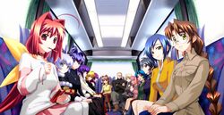  1boy 6+girls absurdres ahoge alfred_walken ayamine_kei bou_(inubou) bus bus_interior choker crossed_arms elena_piatif everyone food game_cg glasses hair_intakes highres irma_thesleff jewelry jinguuji_marimo kagami_sumika kashiwagi_haruko koubuin_yuuhi kouzuki_yuuko long_hair looking_at_viewer mitsurugi_meiya motor_vehicle mouth_hold multiple_girls muv-luv muv-luv_altered_fable necklace pantyhose pendant pocky ponytail sakaki_chizuru short_hair sitting smile tamase_miki yashiro_kasumi yoroi_mikoto 