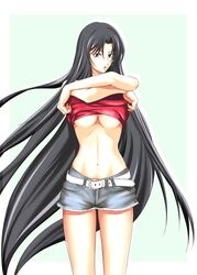  bad_id belt black_eyes black_hair breasts clothes_lift female green_background highres long_hair marishiten medium_breasts navel pandora_(saint_seiya) purple_eyes red_shirt saint_seiya shirt shirt_lift shorts solo two-tone_background underboob undressing white_background 