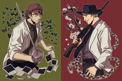  2boys alto_clef assa blonde_hair brown_hair bug butterfly commentary_request facial_hair flower glasses green_background gun hat kondraki lab_coat male_focus multiple_boys necktie parted_lips photo_(object) red_background scp-408 scp_foundation smile snake sword weapon 