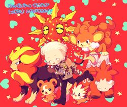  1boy bear bigbang camerupt earrings fingerless_gloves gloves jacket jewelry lillipup lion male_focus monkey patch poke_ball pokemon pyroar running simisear simple_background solrock taeyang teddiursa 