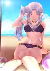  arm_support bare_shoulders beach beach_umbrella bikini blue_hair braid breasts choker cloud collarbone commentary_request day fate/stay_night fate_(series) female hand_in_own_hair highres hisayaki_kyuu horizon lipstick long_hair makeup medea_(fate) medium_breasts navel ocean outdoors pointy_ears purple_bikini purple_eyes sidelocks sitting sky smile solo sun swimsuit twin_braids umbrella underboob 