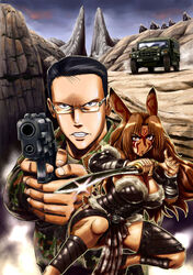  1boy animal_ears armor black_hair blue_eyes breasts brown_eyes brown_hair car cleavage clenched_teeth commentary_request dagger dark_elf delilah_(gate) elf facepaint female fighting_stance fur_trim gate_-_jieitai_ka_no_chi_nite_kaku_tatakaeri glasses gun handgun highres huge_breasts humvee knife military military_uniform motor_vehicle pointy_ears rabbit_ears rabbit_tail reverse_grip sao_satoru sig_p220/p226 sig_sauer spoilers squatting sword tail teeth uniform war_paint weapon yanagida_(gate) 