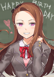  black_bow blazer bow bowtie brown_hair commentary_request english_text female floating_hair grin hairbow hand_on_own_hip happy_birthday idolmaster idolmaster_(classic) jacket jyon long_hair looking_at_viewer minase_iori pink_eyes red_bow school_uniform smile solo striped_bow striped_bowtie striped_clothes upper_body very_long_hair 