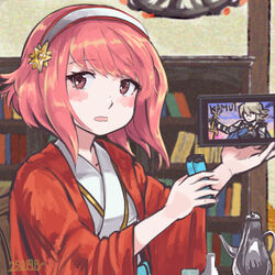  250en_remon blush book bookshelf commentary_request corrin_(fire_emblem) corrin_(male)_(fire_emblem) english_text female fire_emblem fire_emblem_fates hairband handheld_game_console holding indoors japanese_clothes joy-con kimono looking_at_viewer nintendo_switch pink_eyes pink_hair sakura_(fire_emblem) screen solo super_smash_bros. teapot wavy_mouth wide_sleeves yukata 