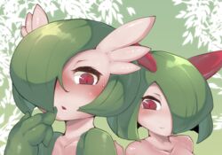  2girls blush closed_mouth commentary_request fewer_digits gardevoir green_hair hair_over_one_eye hand_up kirlia looking_at_viewer multiple_girls parted_lips pokemon pokemon_(creature) red_eyes yeti_(mu_kaiten) 