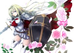  armor awakening_(sennen_sensou_aigis) bad_id bad_pixiv_id blonde_hair blue_eyes boots cape cornelia_(sennen_sensou_aigis) female flower hair_ribbon highres ihara_natsume long_hair neckerchief pauldrons petals ribbon sennen_sensou_aigis shield shoulder_armor solo standing standing_on_one_leg sword thigh_boots thighhighs vambraces weapon white_background white_footwear white_thighhighs zettai_ryouiki 