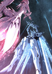  alien commentary_request dress energy female flying gauna giant giantess glowing mecha mecha_focus monster_girl morito_(sidonia_no_kishi) motion_blur outdoors robot sakusakusakurai science_fiction shiraui_tsumugi sidonia_no_kishi space spikes tail thrusters yukimori_(sidonia_no_kishi) 