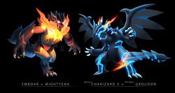  ambiguous_gender anthro duo emboar fakemon fire flaming_hair flaming_mane fusion generation_3_pokemon generation_5_pokemon generation_6_pokemon groudon legendary_pokemon mega_charizard mega_charizard_x mega_evolution membrane_(anatomy) membranous_wings mightyena nintendo pokemon pokemon_(species) pokemon_fusion primal_groudon primal_reversion pseudo_hair pseudo_mane syntheticimagination wings 