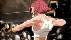  animated animated back breasts from_side goggles goggles_on_head koutetsujou_no_kabaneri muscle profile red_hair shiny shiny_hair shirt short_hair sleeveless sleeveless_shirt solo tank_top upper_body white_shirt yukina_(kabaneri) 