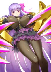  bare_shoulders belt black_legwear breasts collar fate/extra fate/extra_ccc fate/grand_order fate_(series) female female gauntlets hair_ornament hair_ribbon highres huge_breasts long_hair miniskirt panties pantyhose pantyshot passion_lip purple_eyes purple_hair ribbon sagging_breasts saruchitan simple_background skirt solo standing very_long_hair weapon white_background 