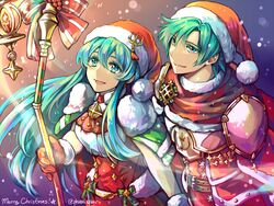  1boy aqua_eyes aqua_hair armor belt bow brother_and_sister candle commentary dress eirika_(fire_emblem) eirika_(winter)_(fire_emblem) ephraim_(fire_emblem) ephraim_(winter)_(fire_emblem) female fire_emblem fire_emblem:_the_sacred_stones fire_emblem_heroes fur_trim gloves hat highres holding holding_staff jin_(phoenixpear) long_hair merry_christmas parted_lips pom_pom_(clothes) red_gloves red_hat santa_costume santa_hat short_hair siblings snowing staff twitter_username 