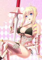  arm_support armor bare_shoulders bertille_althusser bikini black_bikini blonde_hair blue_eyes blush body_blush breasts choker cleavage commentary_request corset drill_hair female front-tie_top heart heart-shaped_pupils lance large_breasts lintanghaseo long_hair looking_at_viewer open_mouth polearm shiny_skin side-tie_bikini_bottom smile solo strap_gap swimsuit symbol-shaped_pupils thighhighs twin_drills twintails walkure_romanze weapon 