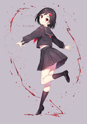  black_footwear black_hair black_sailor_collar black_serafuku black_shirt black_skirt black_socks blood blush borrowed_character chitetan closed_mouth commentary female full_body grey_background hair_ornament head_tilt katou-chan_(shiromanta) kneehighs loafers long_sleeves looking_at_viewer looking_to_the_side neckerchief original outstretched_arms pleated_skirt red_eyes red_neckerchief sailor_collar school_uniform serafuku shirt shoes simple_background skirt smile socks solo standing standing_on_one_leg translation_request 