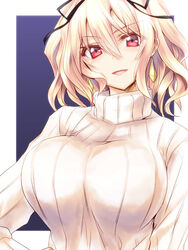  blonde_hair breasts commentary_request earrings female hair_between_eyes hair_ribbon jewelry kurokawa_(silve) large_breasts looking_at_viewer moltena_(sennen_sensou_aigis) parted_lips photoshop_(medium) red_eyes ribbed_sweater ribbon sennen_sensou_aigis short_hair smile solo sweater turtleneck upper_body wavy_hair white_sweater 