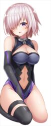  bad_id bad_pixiv_id between_legs black_gloves black_leotard black_thighhighs blush breasts cleavage clothing_cutout commentary_request elbow_gloves fate/grand_order fate_(series) female gloves hair_over_one_eye hand_between_legs highres large_breasts leotard light_purple_hair looking_at_viewer mash_kyrielight navel navel_cutout parted_lips purple_eyes revision seiza shimo_(shimo_00) short_hair simple_background single_thighhigh sitting smile solo thigh_strap thighhighs thighs white_background 