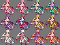  alternate_color blonde_hair breasts cleavage colored_skin commentary_request dark_skin feathered_wings feathers female green_eyes green_hair grey_background harpy large_breasts looking_at_viewer monster_girl multiple_views navel original pink_hair pointy_ears purple_hair purple_skin red_eyes red_hair sb_(coco1) short_hair simple_background smile talons variations white_hair winged_arms wings yellow_eyes 