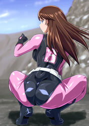  anime_coloring ass blue_eyes bodysuit brown_hair commentary_request female from_behind long_hair monteriakitto pink_bodysuit profile solo squatting 