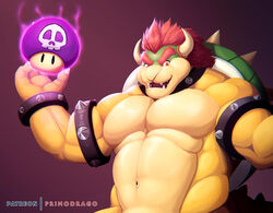  2018 2_horns 4_fingers anthro big_muscles bowser bracelet collar fingers front_view fungus gradient_background hair hi_res horn jewelry koopa looking_at_viewer male mario_bros muscular muscular_anthro muscular_male mushroom navel nintendo nude poison_mushroom primodrago purple_background red_eyes red_hair scalie simple_background solo spiked_bracelet spiked_collar spikes 