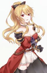  bangs black_bow black_gloves black_legwear blonde_hair bow breasts choker cleavage cowboy_shot detached_sleeves eyebrows_visible_through_hair floating_hair gloves granblue_fantasy hair_between_eyes hairbow high_ponytail long_hair medium_breasts miniskirt open_mouth red_eyes sheath sheathed shiao shiny shiny_clothes shoulder_armor simple_background skirt solo spaulders standing swept_bangs sword thighhighs very_long_hair vira_lilie weapon white_background white_skirt zettai_ryouiki 