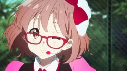  animated animated bow female female glasses hairbow kuriyama_mirai kyoukai_no_kanata pink_hair red-framed_glasses wink 