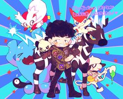  1boy bigbang black_hair delibird fingerless_gloves gloves male_focus pancham panda patch poke_ball pokemon seungri_(bigbang) simple_background smeargle smile victini wobbuffet zebra zebstrika 