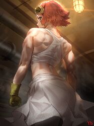  back bare_shoulders brown_eyes ceiling_light commentary_request cowboy_shot female from_behind gloves goggles goggles_on_head indoors koutetsujou_no_kabaneri light muscular muscular_female orange_hair profile short_hair skirt solo standing tank_top tomboy white_skirt yd_(orange_maru) yukina_(kabaneri) 