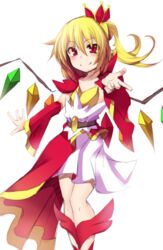  alternate_costume asymmetrical_hair asymmetrical_wings blonde_hair commentary_request cosplay cure_scarlet cure_scarlet_(cosplay) defeat detached_sleeves dress female flandre_scarlet go!_princess_precure looking_at_viewer magical_girl name_connection o_kakugo_wa_yoroshikute? outstretched_hand precure rando_seru red_eyes side_ponytail smile solo touhou white_dress wide_sleeves wings 