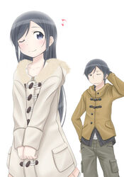  1boy aragaki_ayase black_eyes black_hair coat commentary_request female hand_on_own_hip kousaka_kyousuke long_hair looking_back musical_note one_eye_closed ore_no_imouto_ga_konna_ni_kawaii_wake_ga_nai parted_lips roaru_(gyuren) short_hair simple_background smile white_background 