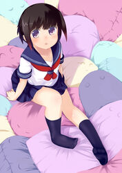  blush brown_hair commentary_request female gigokku looking_at_viewer open_mouth original pillow purple_eyes school_uniform serafuku short_hair sitting skirt solo 