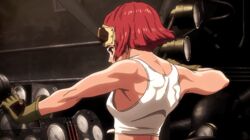  animated animated back breasts from_side goggles goggles_on_head koutetsujou_no_kabaneri midriff muscle profile red_hair shiny shiny_hair shirt short_hair sleeveless sleeveless_shirt solo tank_top upper_body white_shirt yukina_(kabaneri) 