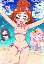  :d beach bikini blue_eyes breasts canine commentary_request day feline female go!_princess_precure haruno_haruka heart heart_print highres jewel_(the_black_canvas) looking_at_viewer miss_siamour ocean open_mouth outstretched_arms precure puff_(go!_princess_precure) red_hair short_hair small_breasts smile solo_focus swimsuit 