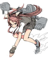  ahoge black_gloves black_skirt black_vest blush brown_hair cannon closed_mouth commentary_request female fingerless_gloves full_body gloves gun hair_ribbon highres holding holding_weapon isetta kagerou_(kancolle) kagerou_kai_ni_(kancolle) kantai_collection leaning_forward long_hair looking_at_viewer machinery pleated_skirt ribbon rigging rudder_footwear school_uniform shirt shoes short_sleeves shorts shorts_under_skirt simple_background skirt smile solo torpedo_launcher turret twintails vest weapon white_background white_ribbon white_shirt 