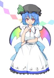  alternate_headwear_color bat_wings black_hat blue_hair collared_shirt commentary_request cosplay female garasuita hair_between_eyes hat highres hinanawi_tenshi hinanawi_tenshi_(cosplay) looking_at_viewer mob_cap oerba_yun_fang rainbow_wings red_eyes remilia_scarlet shirt short_hair slit_pupils smile solo touhou wings 