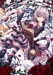  :d blurry book commentary_request cookie copyright_name cup depth_of_field female flower food full_body garter_straps grey_hair grin hairband hapymaher highres holding holding_cup juliet_sleeves lolita_fashion lolita_hairband long_sleeves looking_at_viewer naitou_maia open_mouth plant puffy_sleeves red_flower red_rose rose scone simple_background smile solo striped_clothes striped_thighhighs tail teacup thighhighs thighs ugume vines white_background 